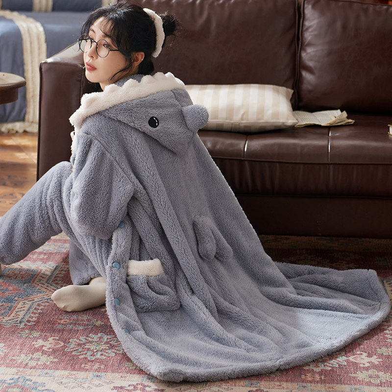 珊瑚绒睡衣女秋冬季加厚法兰绒长袖睡袍2025新款可外穿家居服套装