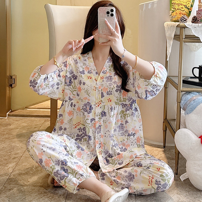 2026夏季新款棉绸女士睡衣大码宽松清新印花女款绵绸可外穿家居服