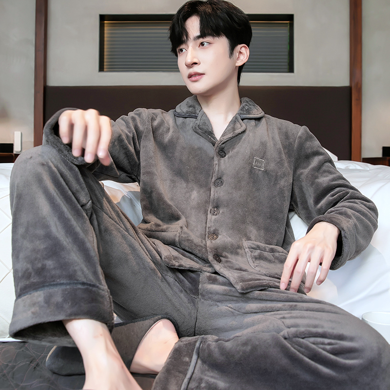 新款珊瑚绒加绒加厚男士家居服