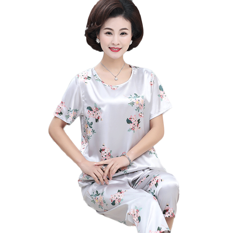女夏薄款印花丝绸家居服大码宽松