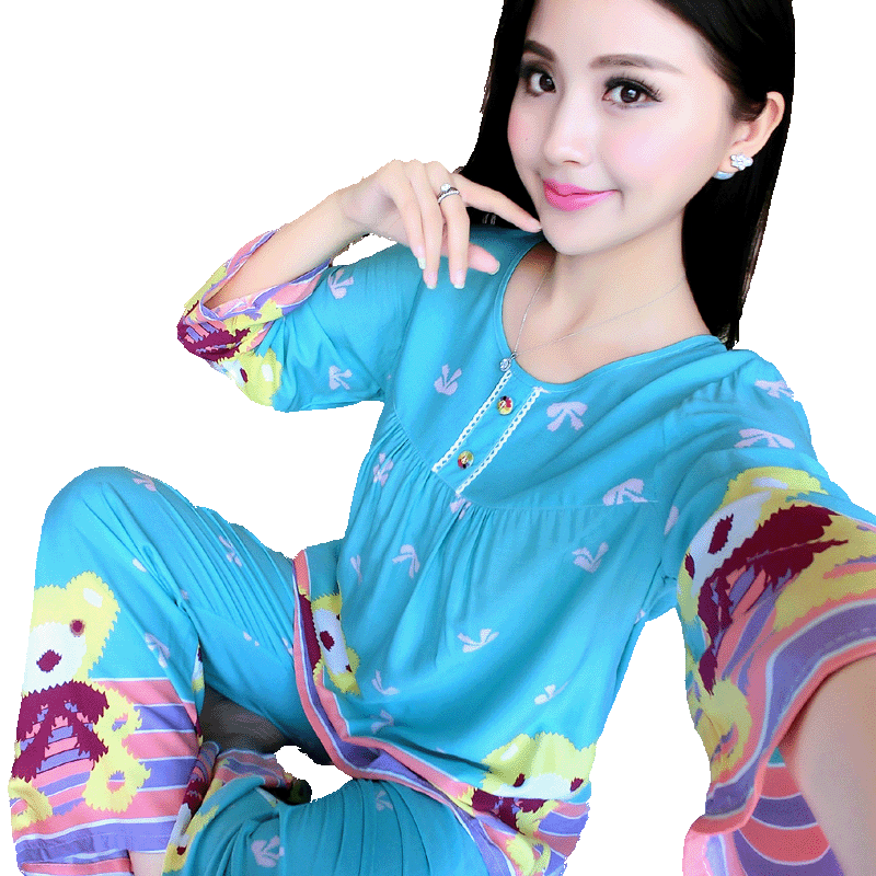 棉绸女士夏季宽松可爱套装睡衣