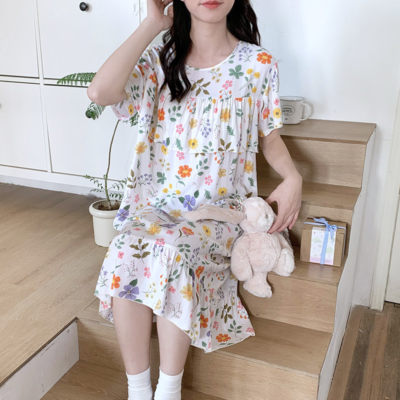防凸点棉绸夏季短袖薄款睡裙