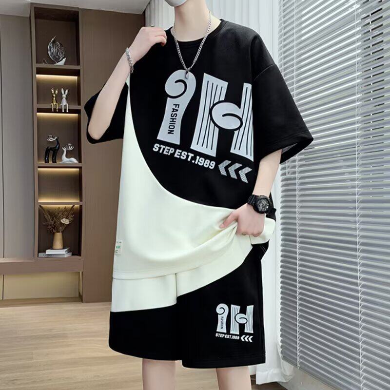 【2件套】夏季男士休闲运动套装时尚百搭短袖T体恤松紧短裤情侣装