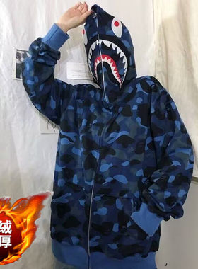 双帽刺绣外套冬季加绒加厚迷彩鲨鱼外套新款连帽外穿开衫卫衣男女