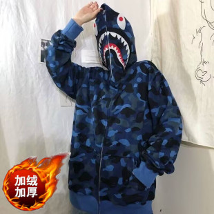 双帽刺绣外套冬季加绒加厚迷彩鲨鱼外套新款连帽外穿开衫卫衣男女