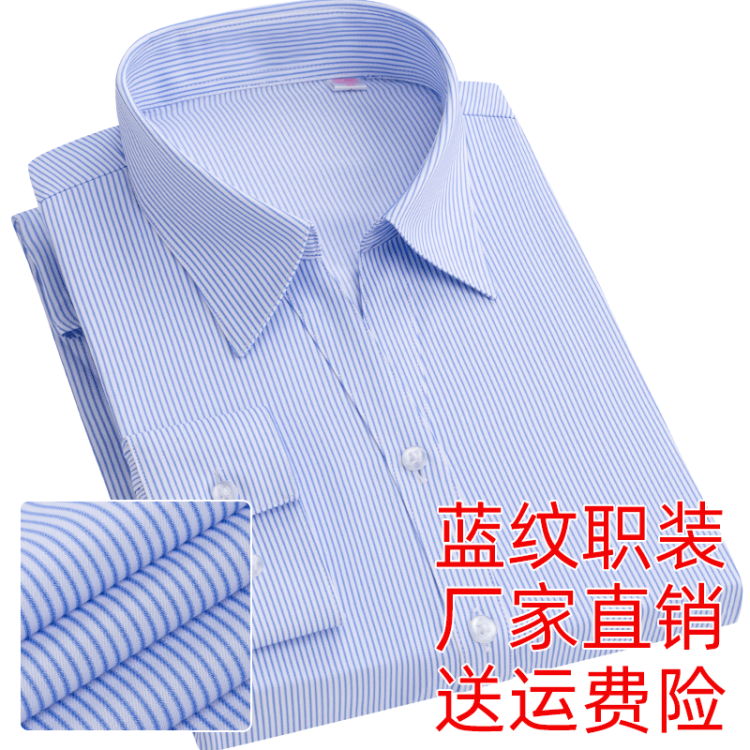 女士V领长袖衬衫白底蓝色细条纹半袖衬衣OL女生职业装银行工作服