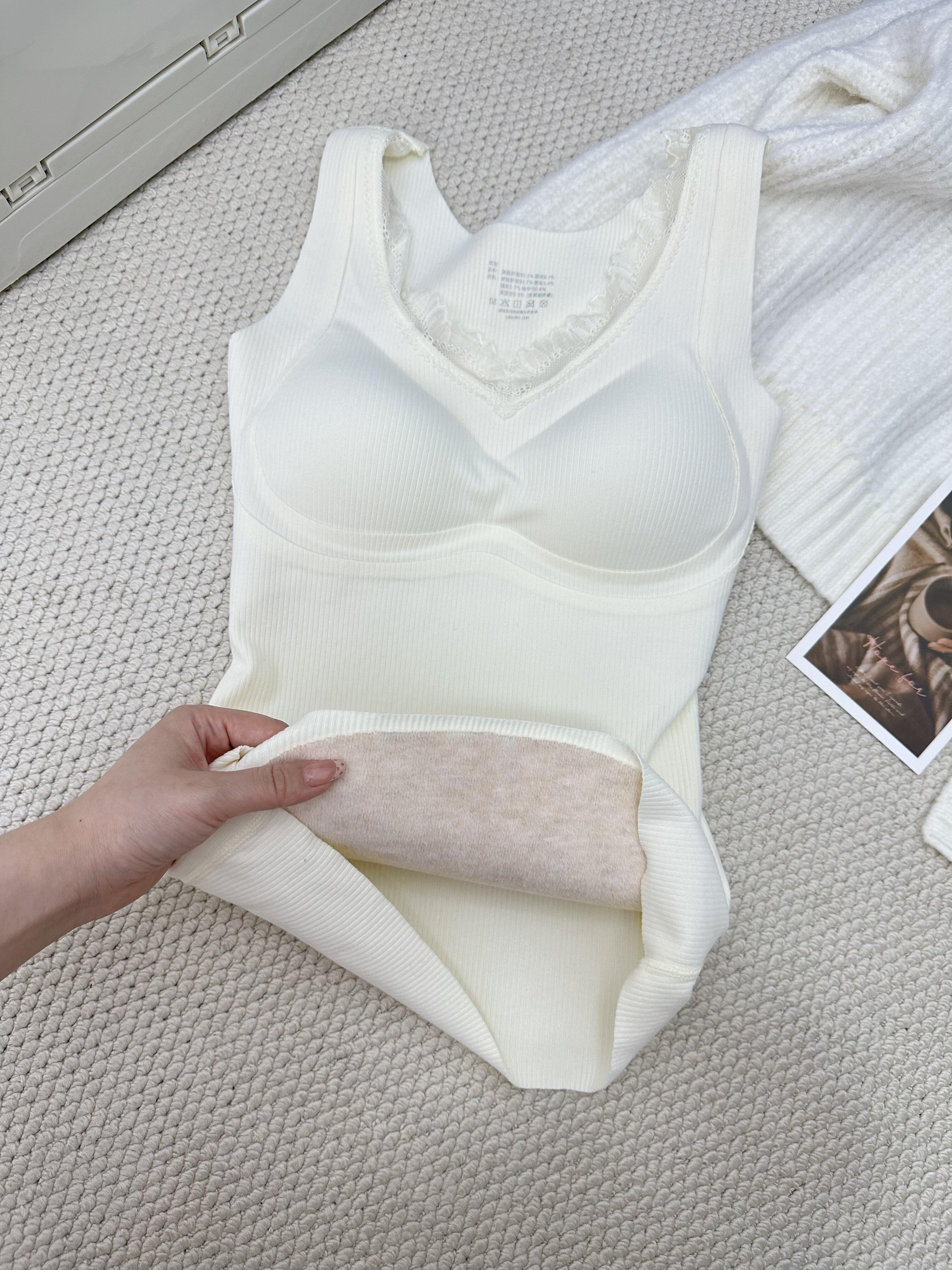 保暖内衣女士秋冬新款自发热羊毛蚕丝纯欲修身蕾丝带胸垫打底衫