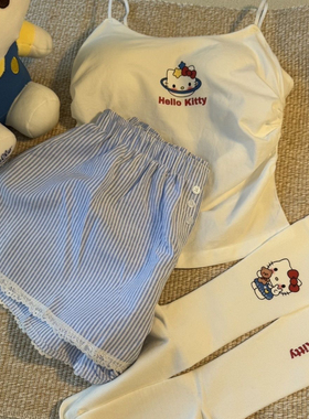 甜辣妹印花小吊带背心女夏季纯欲清新外穿内搭打底衫白蓝色套装