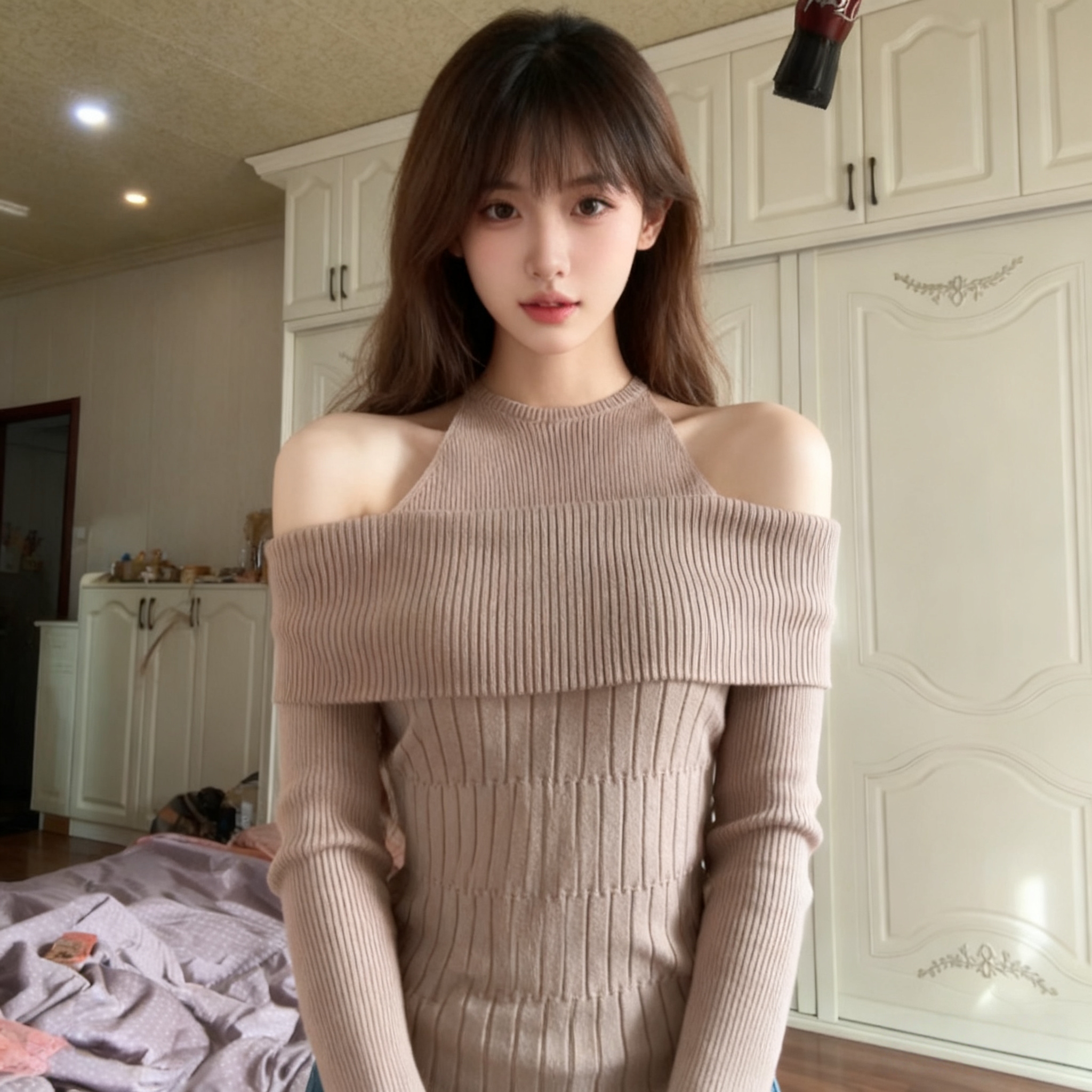 欲辣妹镂空露肩假两件一字领针织衫女秋季2025新款内搭长袖上衣