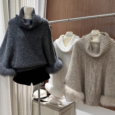kubiliv京洛佳人袖口毛毛高领羊毛混纺麻花针织上衣毛衣女