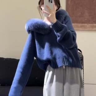 韩系高级感慵懒风蓝色毛领针织毛衣外套女2025年秋天巨好看的上衣