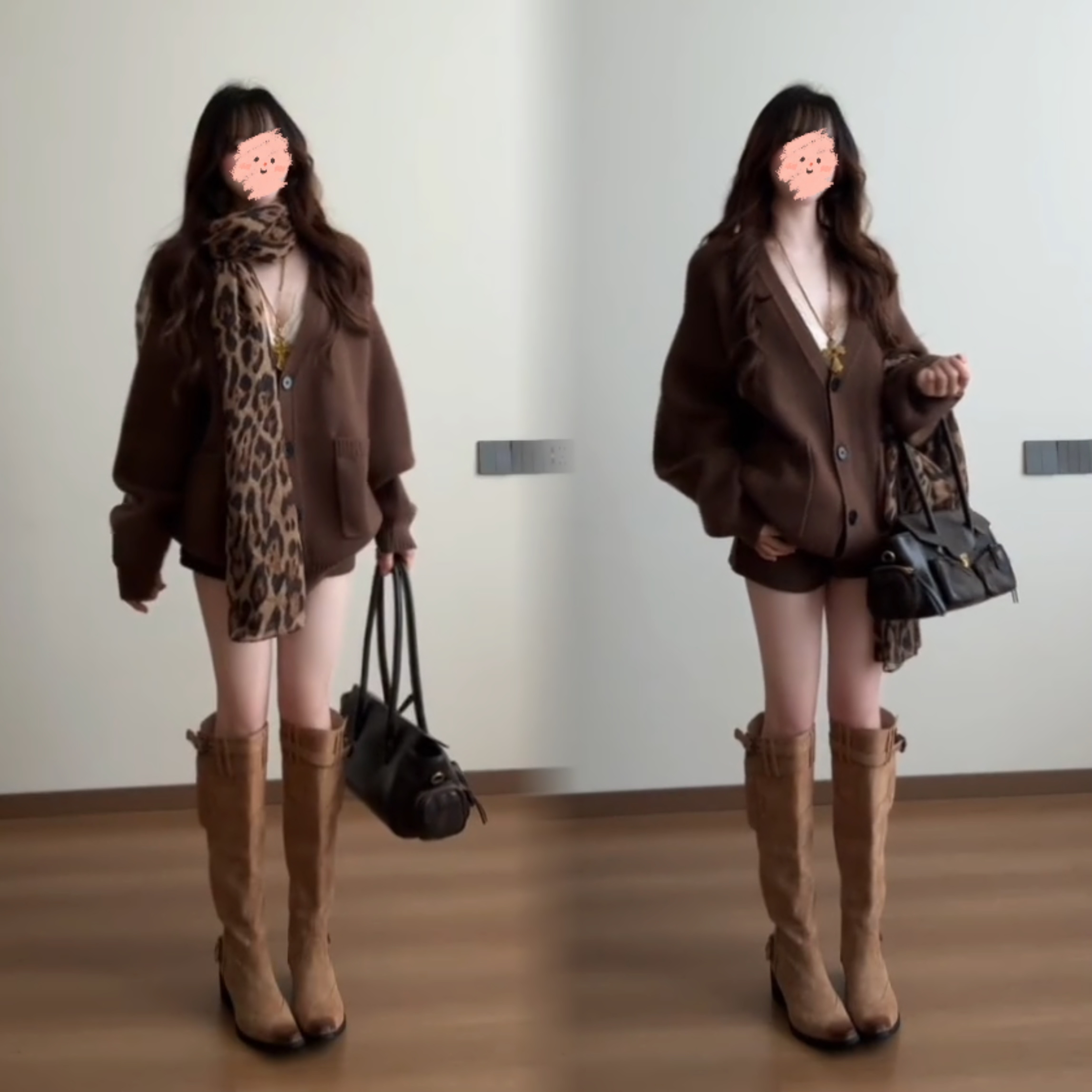 大码美拉德穿搭咖色v领毛衣开衫外套早秋氛围感针织短裤两件套装