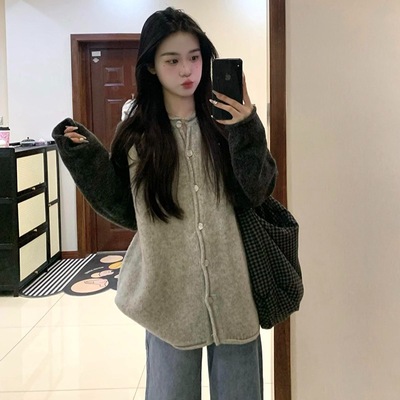韩系慵懒学院风灰色长袖毛衣女秋冬撞色中长款针织开衫上衣外套SZ