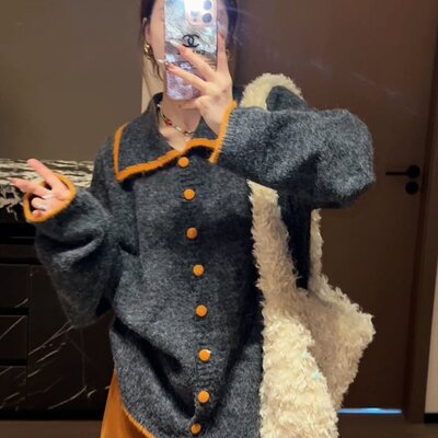 复古慵懒风撞色翻领长袖毛衣外套女秋冬新款宽松休闲显瘦针织开衫