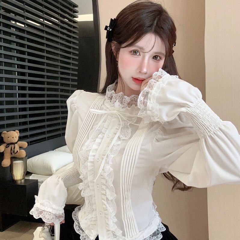 实拍实价 纯欲蕾丝花边衬衫女装法式宫廷风蝴蝶结泡泡袖别致衬衣