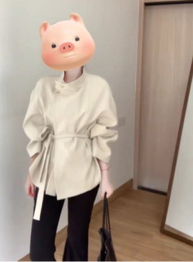 柏林傍晚 白色立领短款风衣女春秋收腰宽松英伦风廓形外套