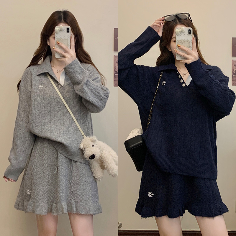 实拍大码polo衫针织套装温柔纯欲风高级感包臀裙短款两件套套装