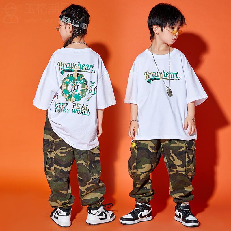 儿童夏季街舞套装男童嘻哈潮服工装迷彩裤帅女童hiphop宽松演出服