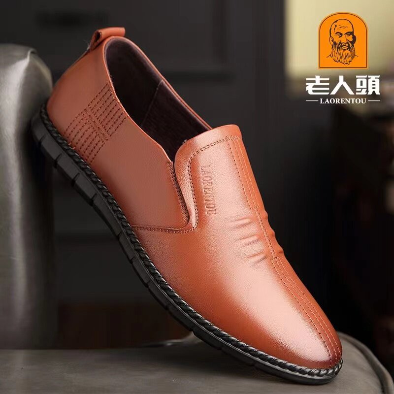 老人头男鞋春季韩版商务休闲皮鞋男士真皮透气软皮软底套脚爸爸鞋