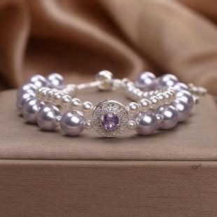 天然紫水晶珍珠手链女法式轻奢双层叠戴手串ins风高级感气质手环
