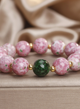 粉绿撞色手工琉璃桃花珠手链