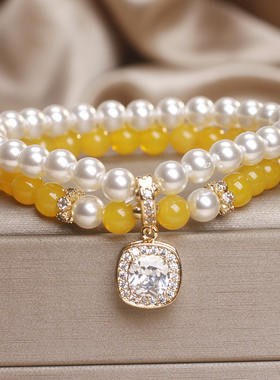 天然黄玉珍珠拼色双层手链