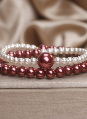 红色珍珠双层叠戴双圈珍珠手链