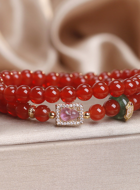 天然红玛瑙双圈手链招财葫芦