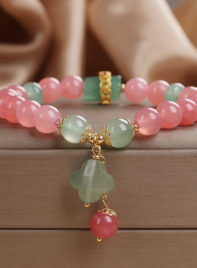 天然红碧玺四叶草吊坠水晶手链