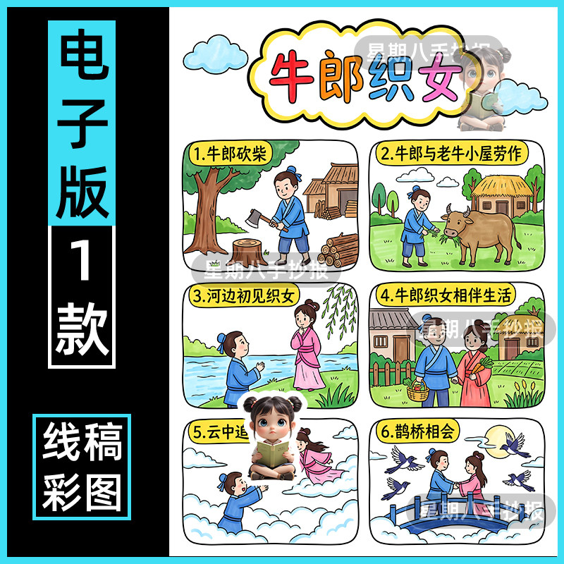 牛郎织女六宫格连环绘画手抄报模版电子版五年级上语文线稿竖版8k