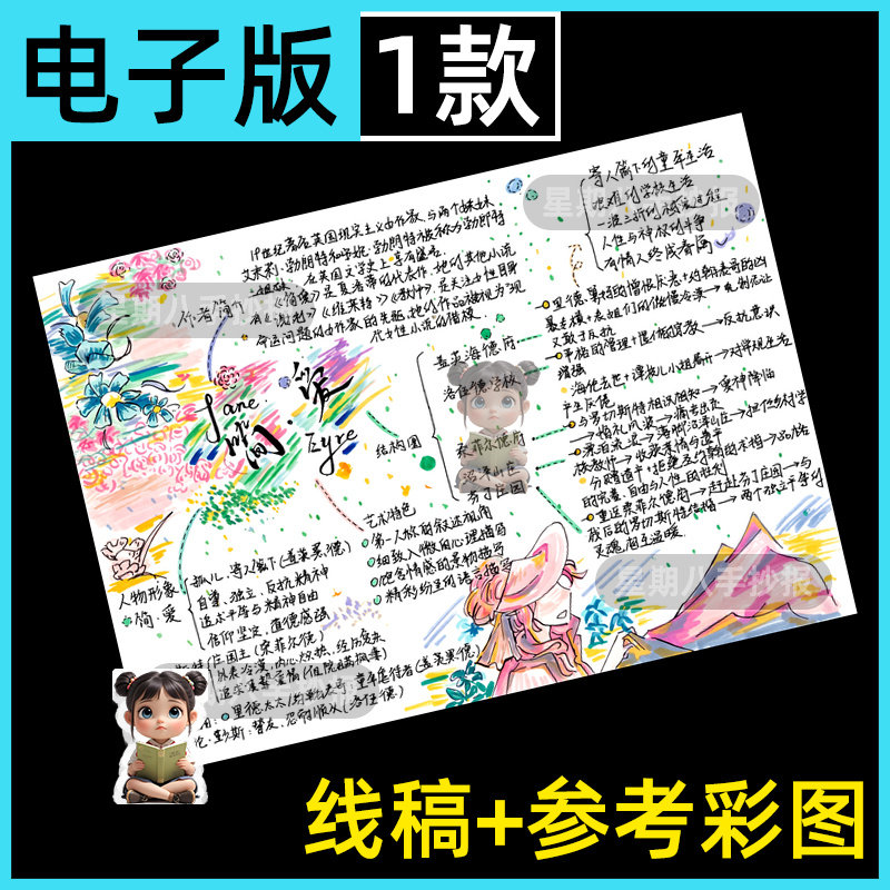 简爱手抄报读后感外国名著定制改线描彩图半成品填色涂色绘画模板