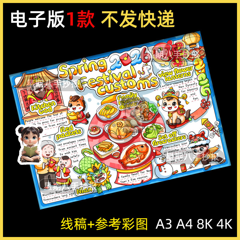26马年春节习俗英语英文中国传统节日文化非遗新年民间风俗手抄报