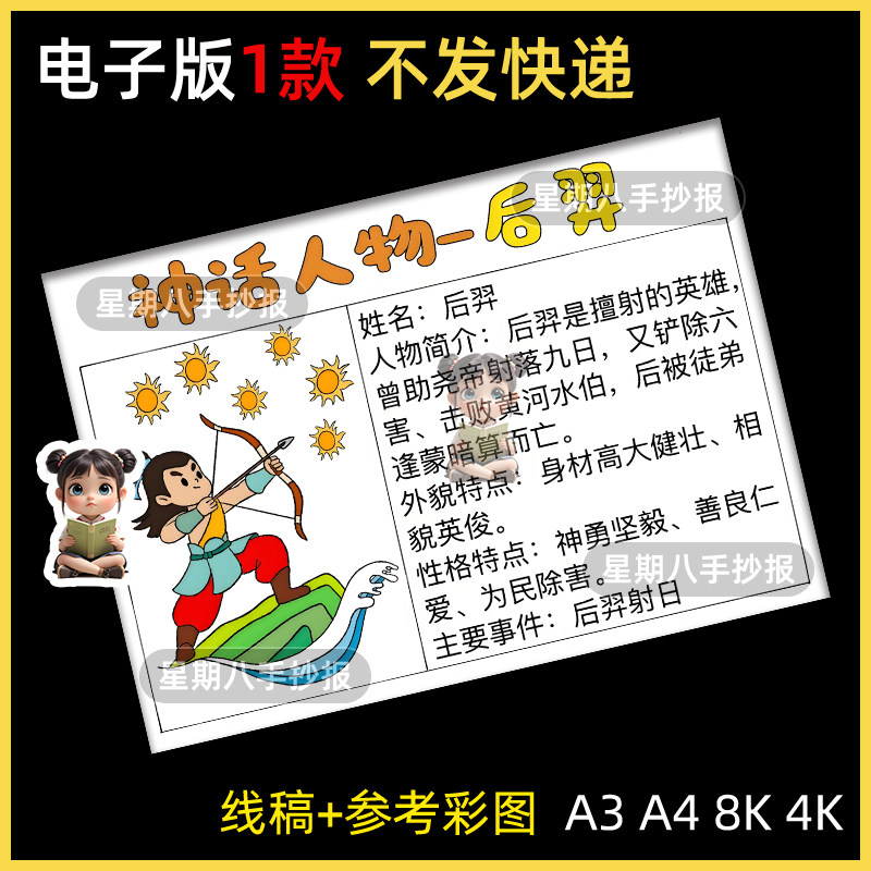 后羿人物名片手抄报中国古代神话故事人物档案人物卡涂色小报线稿