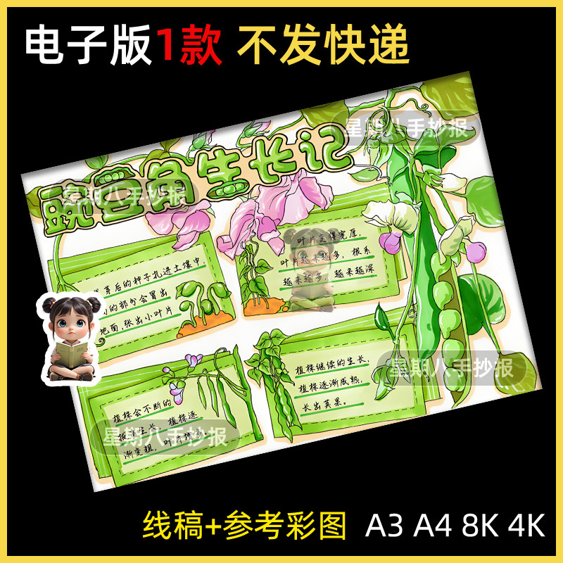 豌豆成长记手抄报模板小学生植物蔬菜生长观察记录日记线稿电子版