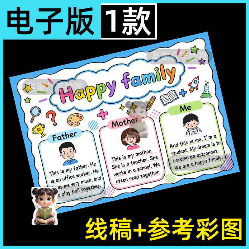 快乐家庭happy family英语手抄报海报一家三口我的家人儿童画报a4