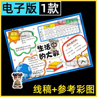 生活中的大数手抄报模板小学生认识大数趣味数学主题绘画线稿模板