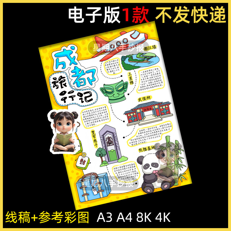 成都旅行记手抄报成都名胜古迹导览图假期旅游导游图涂色电子小报