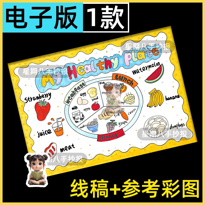 Healthy plate 健康餐盘手抄报电子版三年级英语我的营养餐盘小报