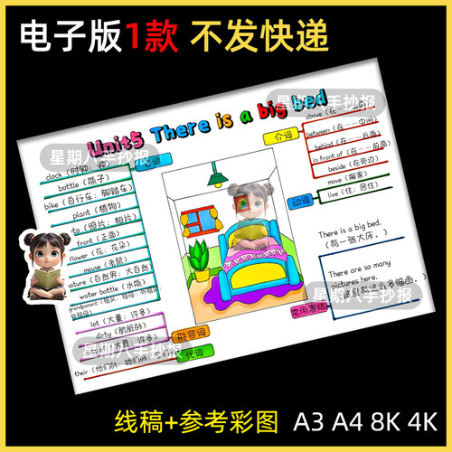 有一张大床英语五年上册第五单元手抄报电子板There is a big bed