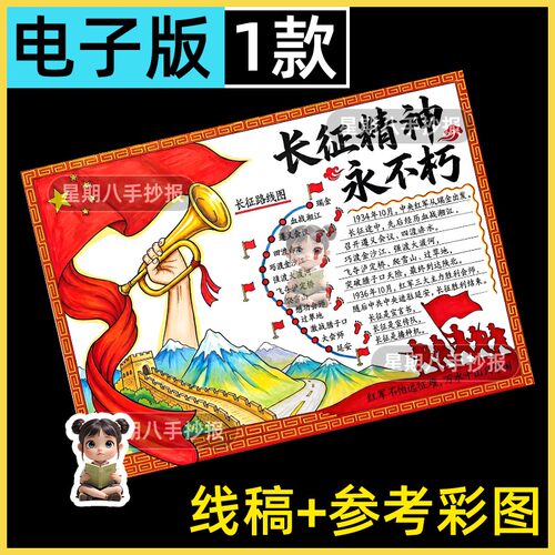 长征精神永垂不朽主题手抄报电子模板红军路线图传承红色革命精神