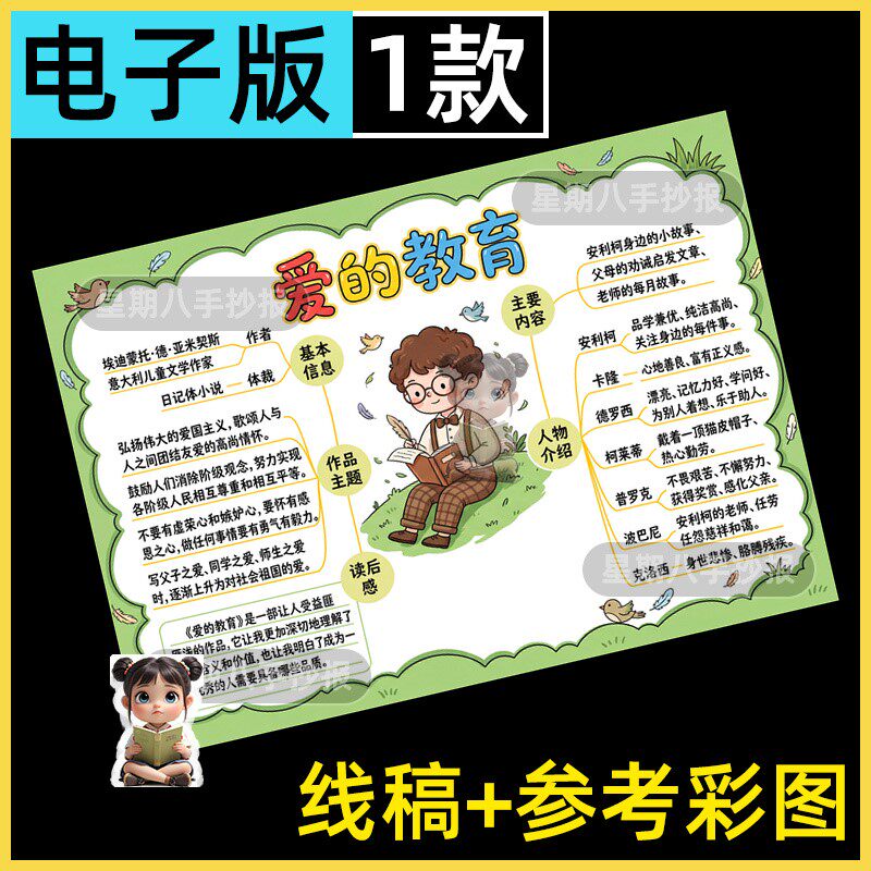 爱的教育思维导图手抄报六年级好书推荐快乐读书吧阅读电子模板8k