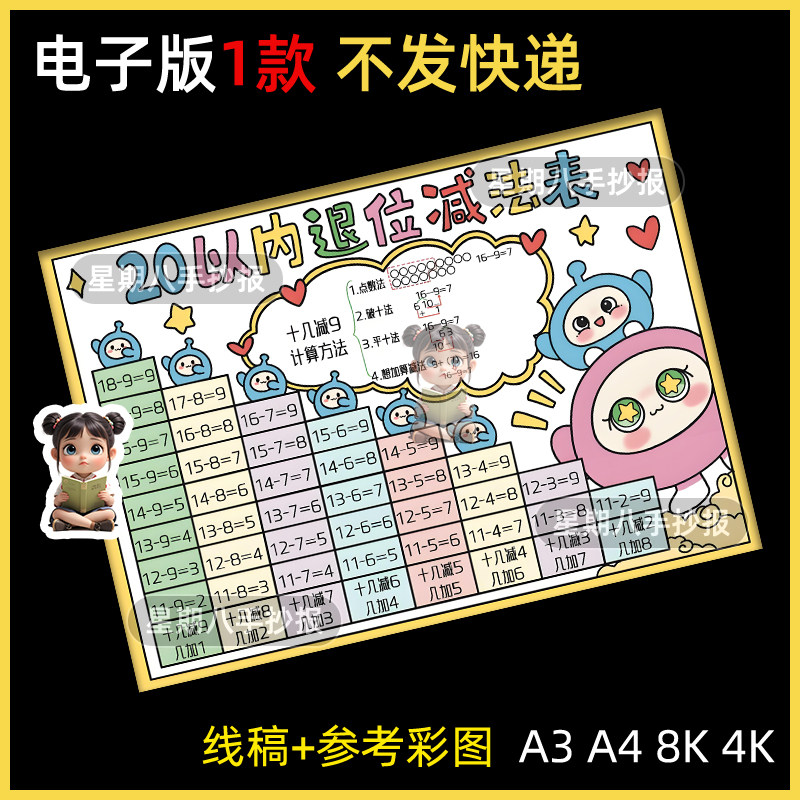 一年级数学20二十以内退位减法表手抄报模数学小报线稿半成品素材