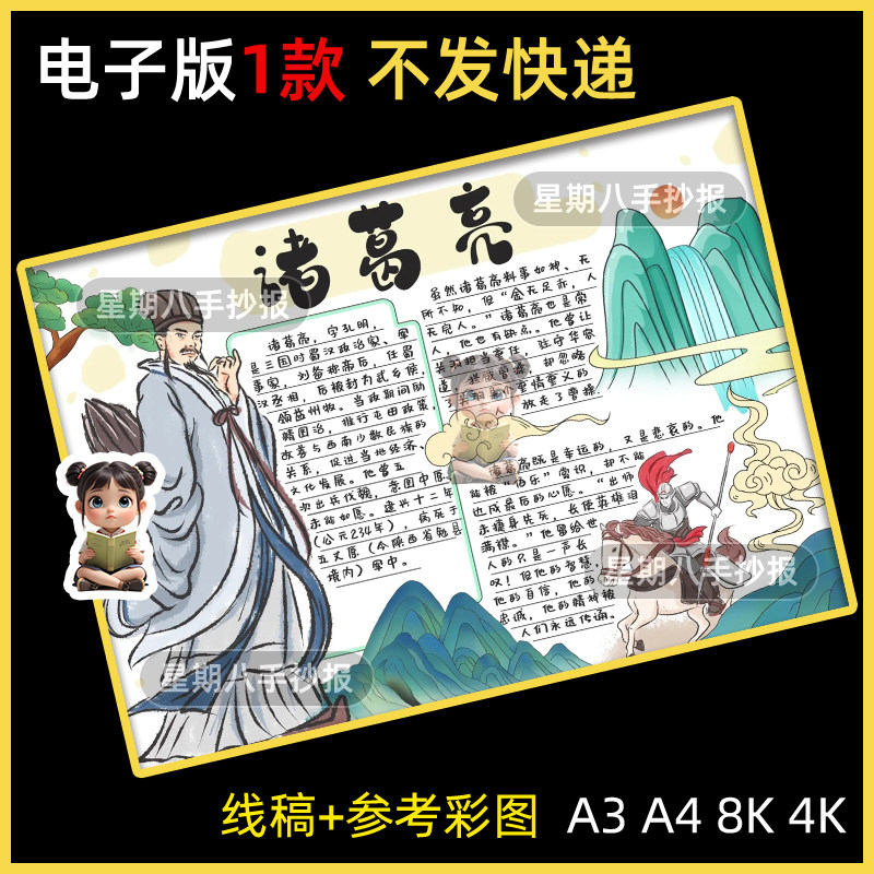三国演义人物诸葛亮手抄报名片卡好书推荐人物卡介绍电子模板线稿