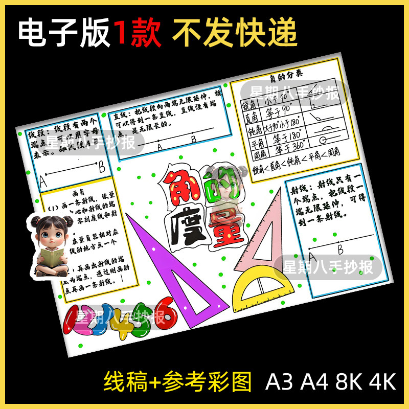角的度量思维导图模板四年级上册第三单元数学黑白线稿电子版小报