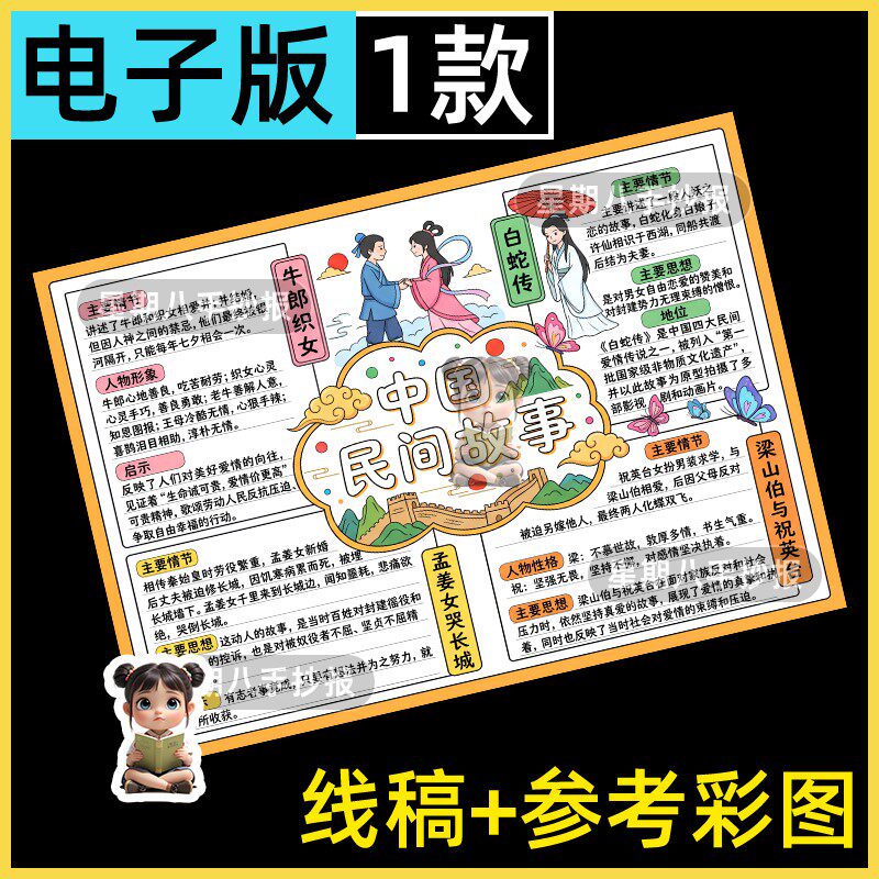 中国民间故事手抄报五年级梁山伯与祝英台牛郎织女白蛇传线稿电子
