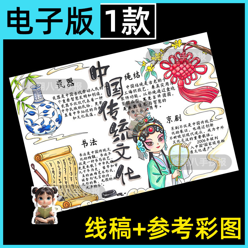 中国传统文化非遗传承手抄报模板国粹戏曲京剧瓷器书法黑白线稿a3