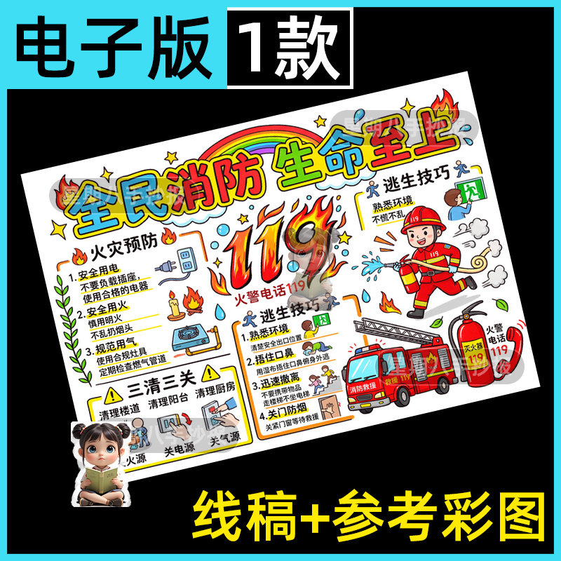 消防安全手抄报电子模板小学生预防火灾119消防知识安全教育线稿