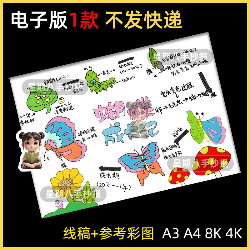 蝴蝶成长记儿童绘画手抄报模板小学生昆虫生长日记动物观察记录表