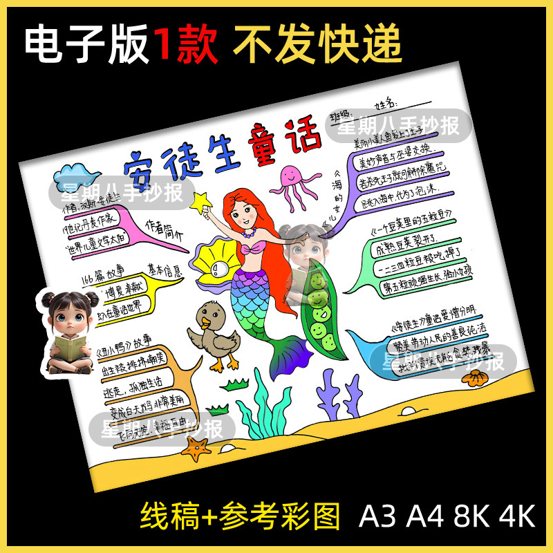 安徒生童话故事思维导图手抄报模板电子版三年级课外必读书小报a4