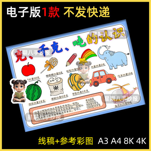 克千克与吨的认识手抄报模板电子版三四年级重量单位数学小报线稿